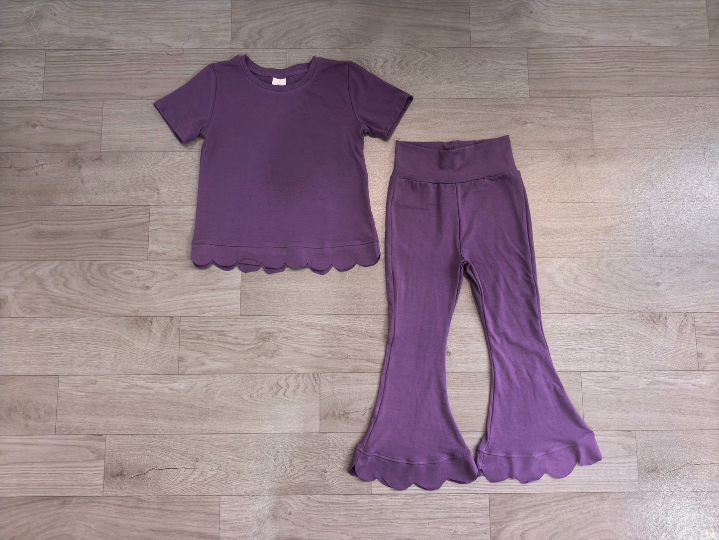 ( No moq ) Preorder Baby Girls Kids Short Sleeves Purple Shirt Pants Scallop Set Clothes
