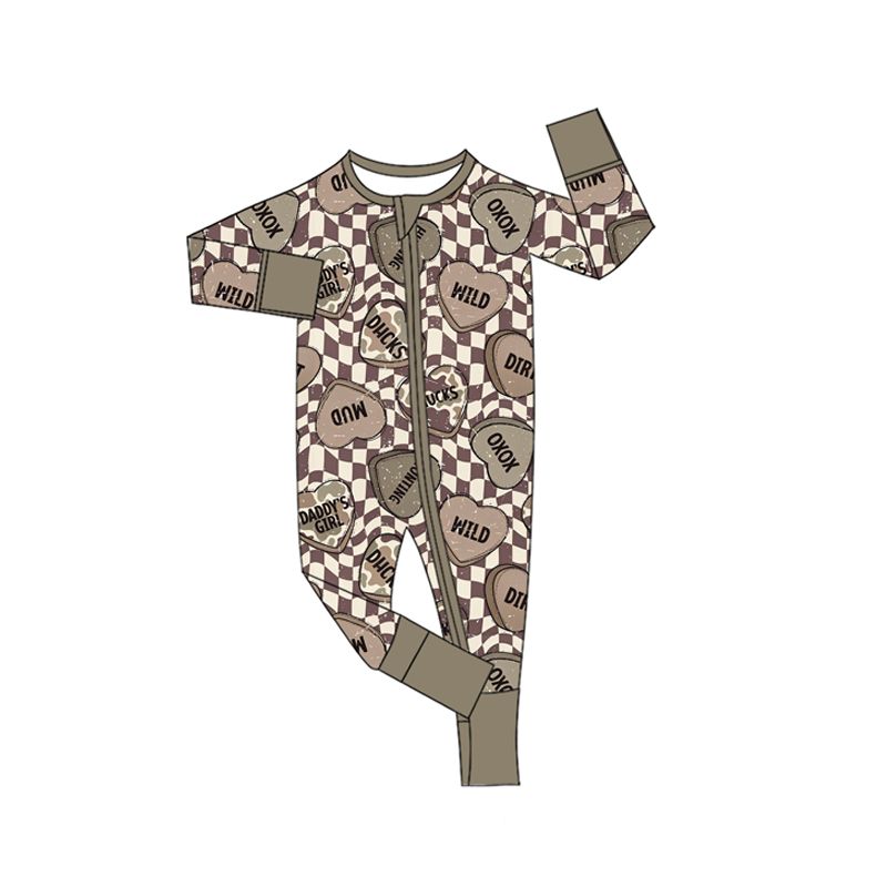( Moq 5 )  Preorder Baby Boy Camo Hearts Checked Zipper Sleeper Romper Valentine Clothes
