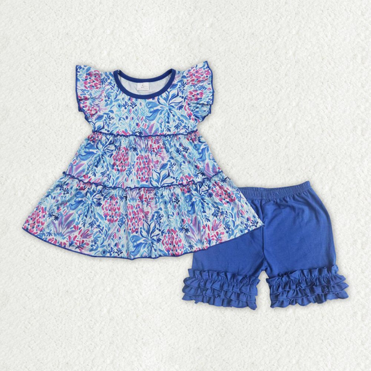 Baby Girl Short Sleeves Blue Floral Tunic Cotton Shorts Summer Set