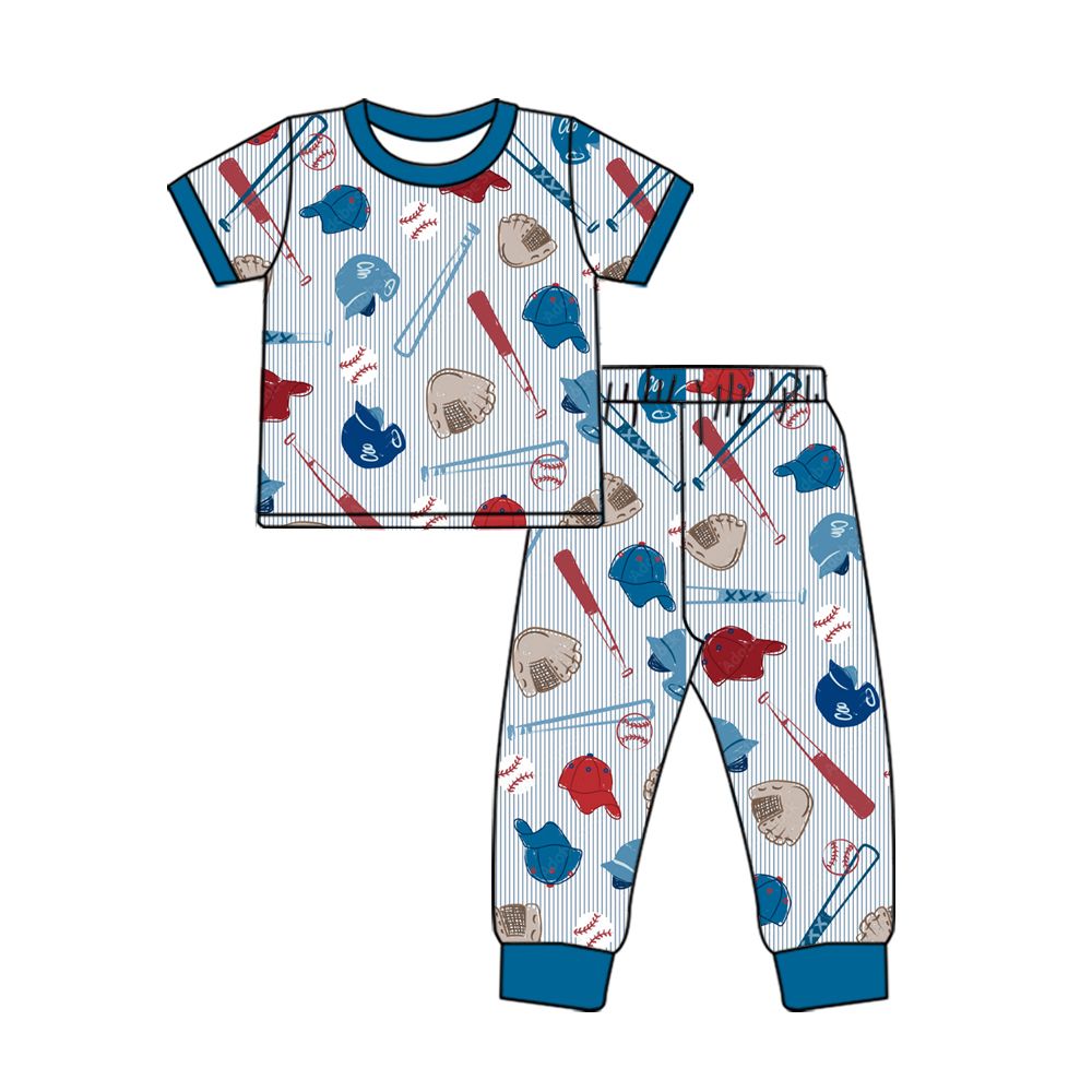 ( Moq 5 ) Preorder Baby Boys Kids Short Sleeves Baseball Stripes Shirt Pants Set Pajamas Clothes