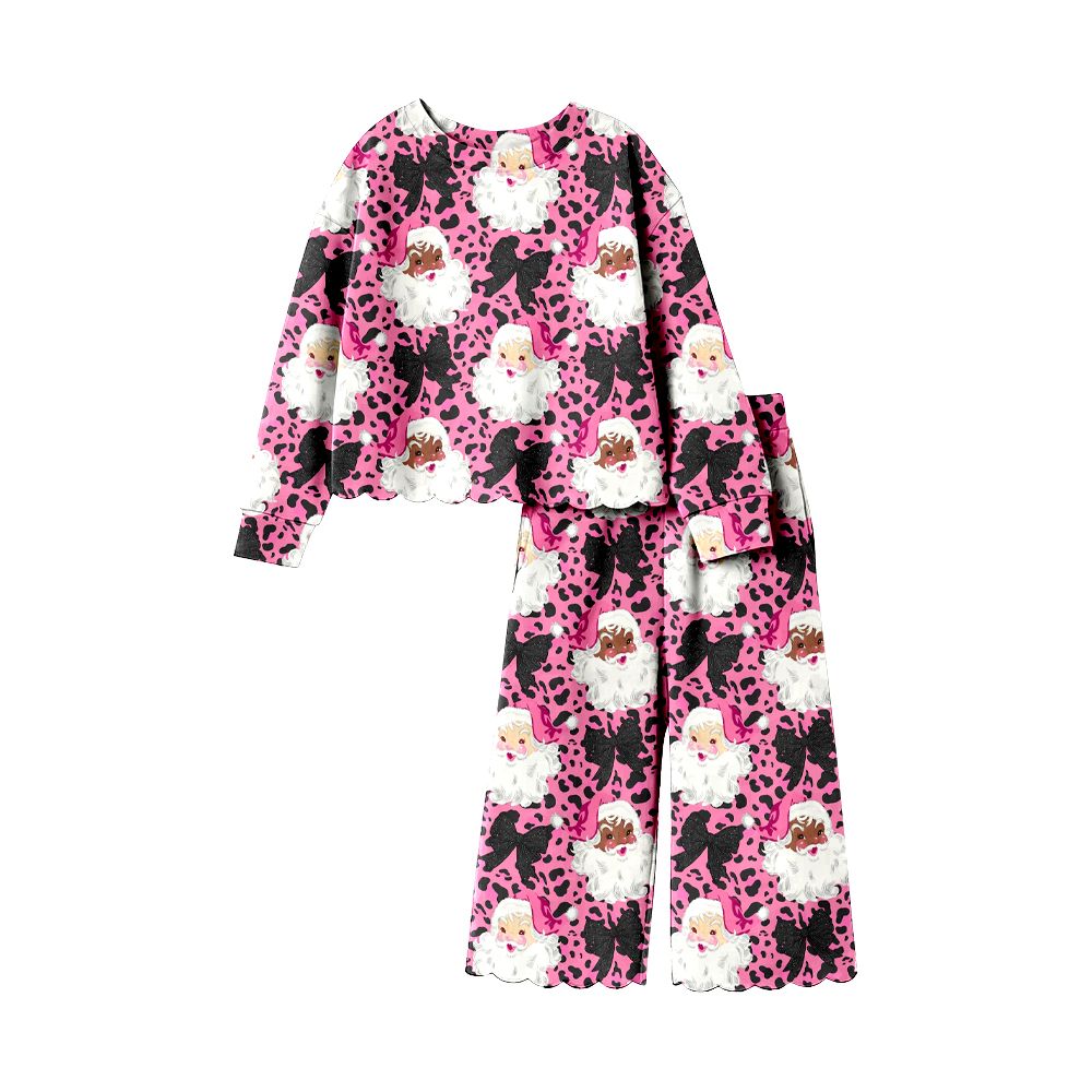 ( Moq 5 ) Preorder Baby Girls Kids Christmas Santa Bows Leopard Shirt Scallop Pants Set Clothes