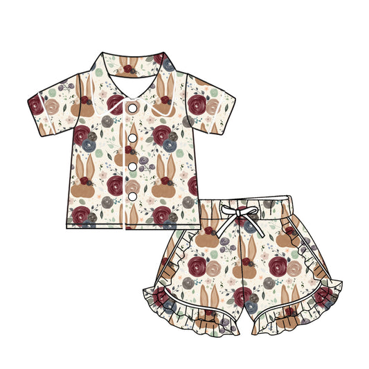 Baby Girl Easter Buttons Shirt Ruffle Shorts Pajamas Rabbit Flower Set Moq 5