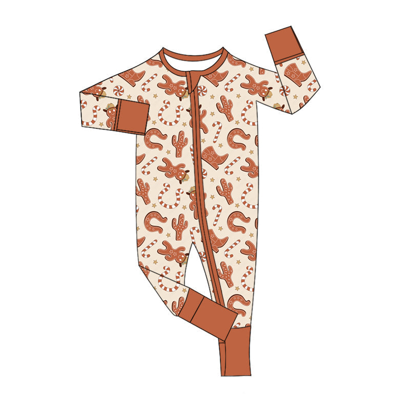Baby Girl Christmas Western Gingerbread Zipper Romper