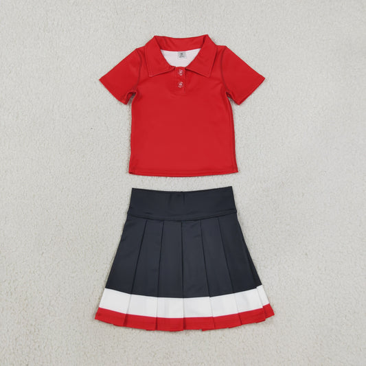 Baby Girls Kids Short Sleeves Red Buttons Shirt Skirt Shorts Yoga Active Set Clothes RTS