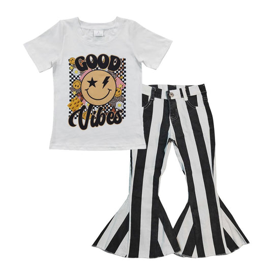 Baby Girl Short Sleeves Good Vibes Shirt Black Striped Denim Pants Outfit