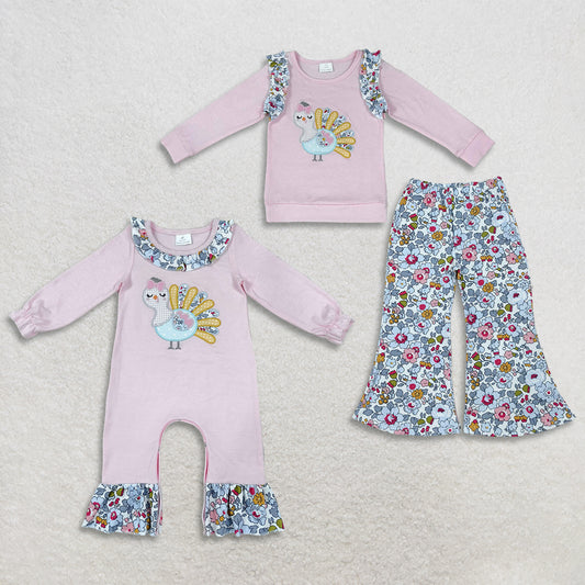 Sibling Baby Girls Kids Long Sleeves Embroidery turkey Thanksgiving Floral Romper Set Fall Clothes RTS