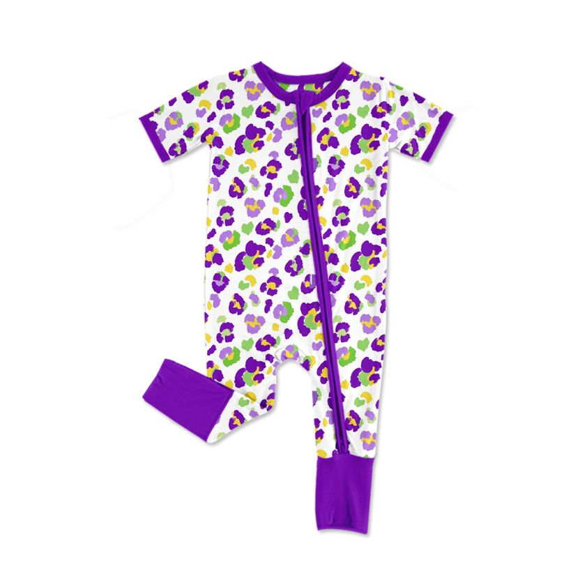 ( Moq 5 ) Preorder Baby Girls Infant Leopard Mardi Gras Footie Sleeper Zipper Romper Clothes