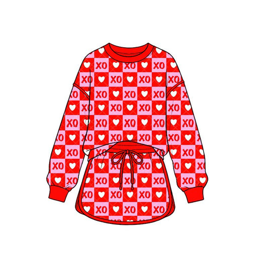 ( Moq 5 ) Preorder Baby Girls Kids Long Sleeves Hearts Checked Shirt Skirt Shorts Valentine Set