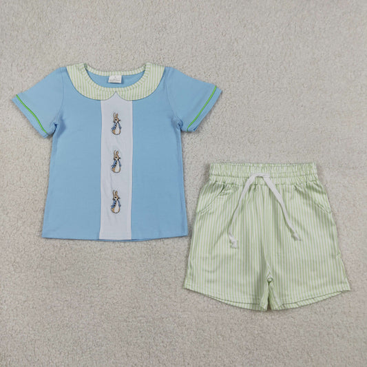 Baby Boys Kids Short Sleeves Embroidery Rabbits Shirt Pockets Stripes Shorts Easter Set