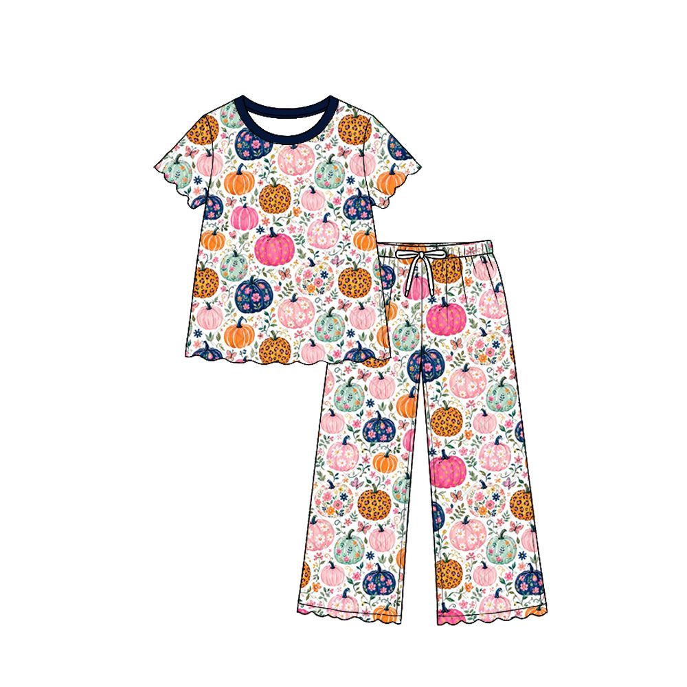 ( Moq 5 ) Preorder Baby Girls Kids Short Sleeves Pumpkins Flower Tops Pants Scallop Set Fall Clothes
