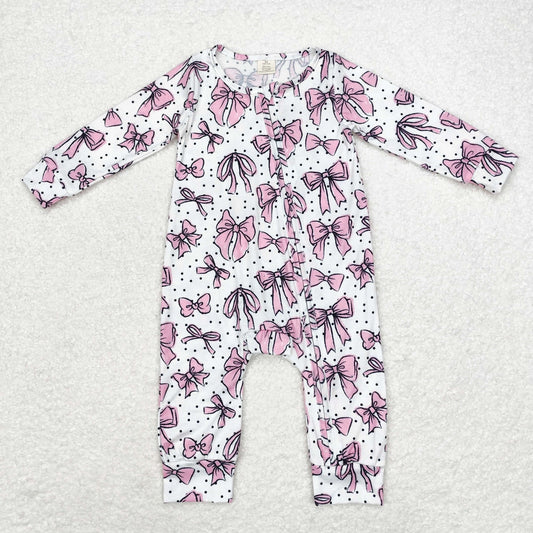 Baby Girl Long Sleeves Pink Bows Zipper Bamboo Romper