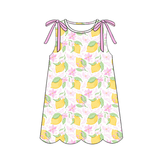 ( Moq 5 )  Preorder Baby Girls Kids Sleeveless Flower Bows Lemons Scallop Knee Length Dress