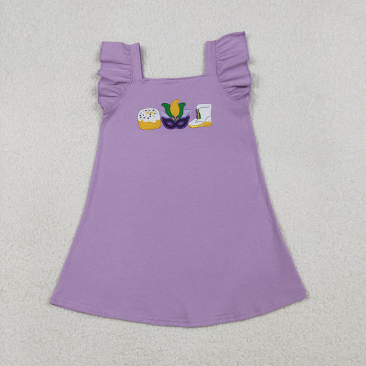 Baby Girls Embroidery Masks Donuts Boots Mardi Gras Knee length Purple Dress RTS