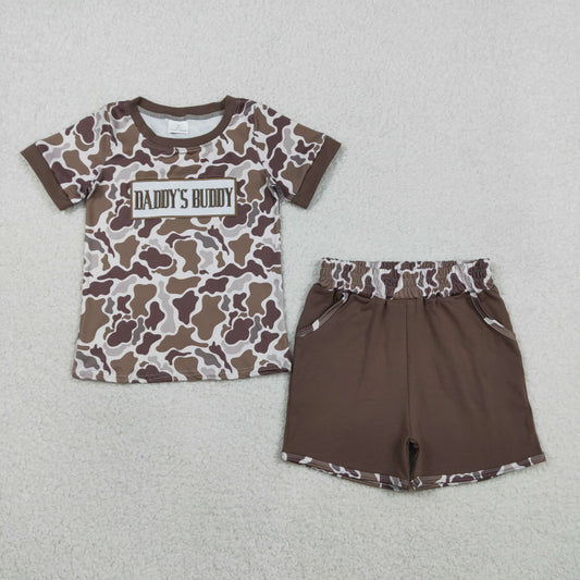 Baby Boys Kids Short Sleeves Embroidery Daddy's Buddy Camo Shirt Pockets Brown Shorts Set