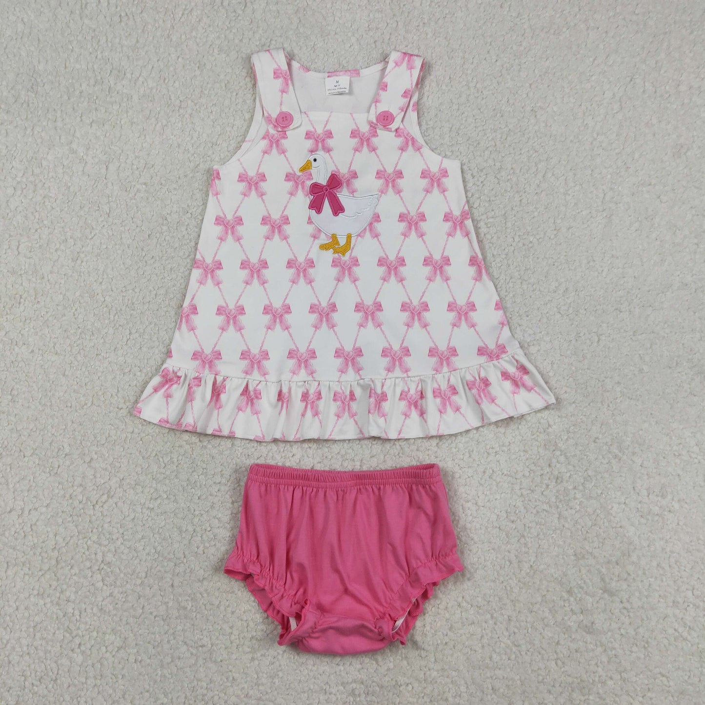 Baby Girls Toddler Sleeveless Embroidery Goose Tops Pink Bummie Shorts Bows Set RTS