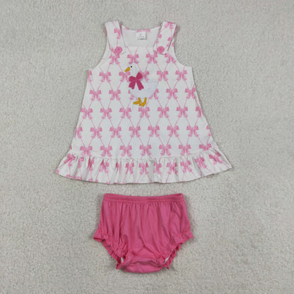 Sibling Baby Girls Toddler Sleeveless Embroidery Goose Bows Tops Bummie Shorts Sets RTS