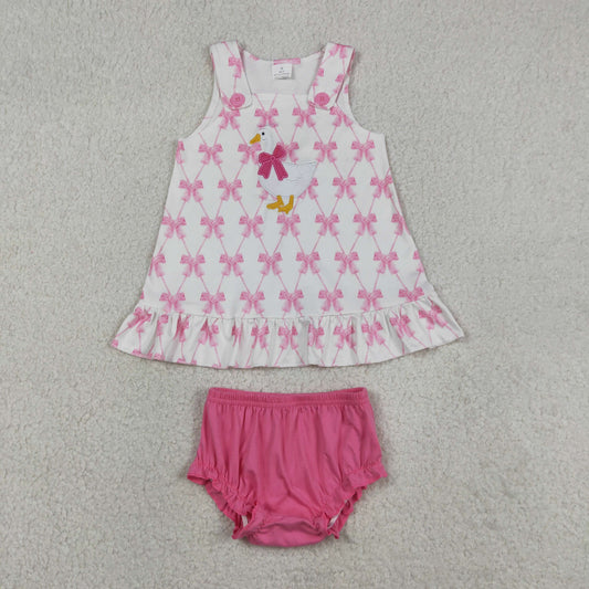 Baby Girls Toddler Sleeveless Embroidery Goose Tops Pink Bummie Shorts Bows Set RTS