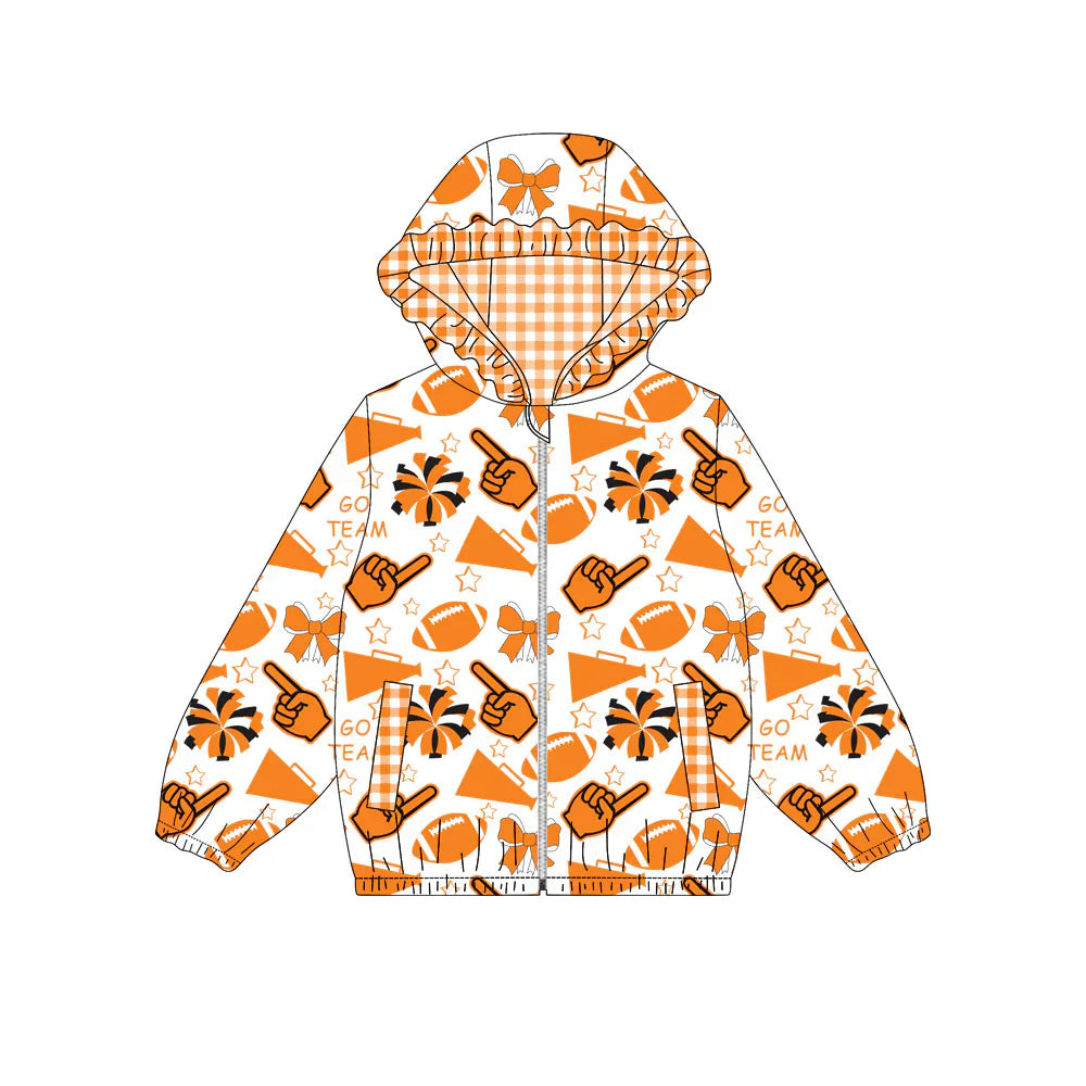 ( Moq 5 ) Baby Girls Kids Orange Bows Cheer Pockets Team Hoodie Zipper Football Coat Tops