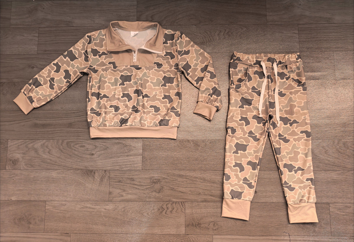 ( No moq ) Preorder Baby Boys Kids Long Sleeves Zipper Shirt Pockets Pants Camo Set Clothes