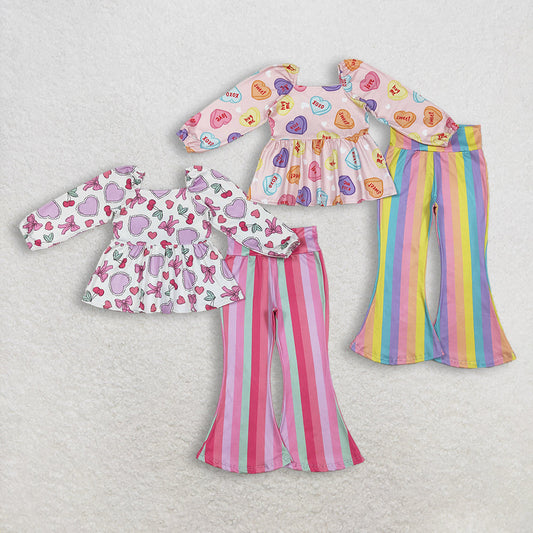 Sibling Baby Girls Kids Long Sleeves Hearts Bows Tops Stripes Pants Valentine Clothes Sets RTS