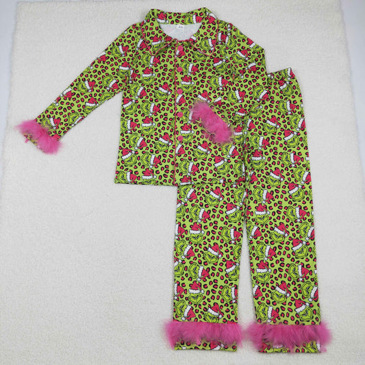 Adult Women Fur Long Sleeves Green Face Leopard Buttons Shirt Pants Christmas Pajamas Set RTS
