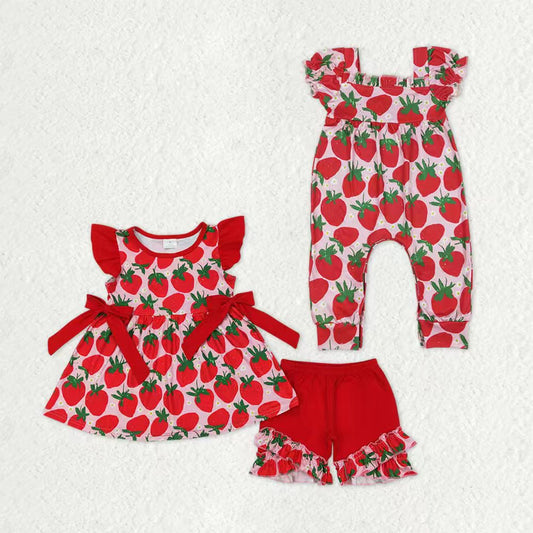 Sibling Baby Girls Short Sleeves Strawberry Floral Red Romper Set Clothes RTS