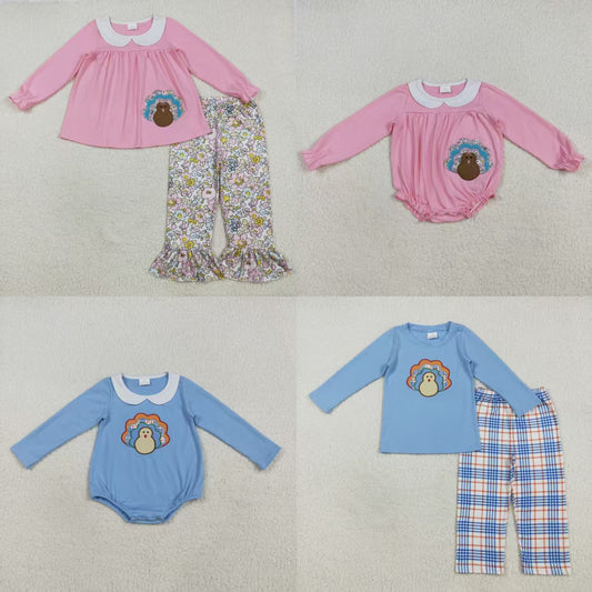 Baby Boy Girl Long Sleeves Embroidery turkey Sibling Thanksgiving Fall Romper Set RTS