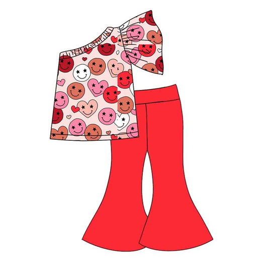 Baby Girl One Shoulder Valentines Smile Shirt Red Bell Pants Set Moq 5