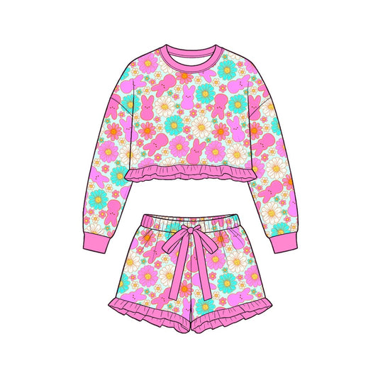 ( Moq 5 ) Preorder Baby Girls Kids Long Sleeves Rabbits Flower Easter Shirt Shorts Set Clothes