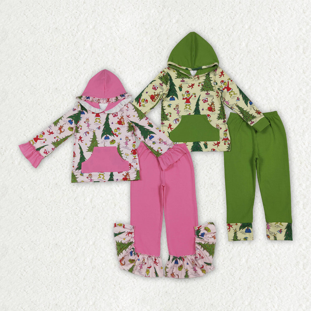 Sibling Baby Boys Girls Long Sleeves Green Face Tree Hoodie Pocket Shirt Pants Christmas Sets RTS