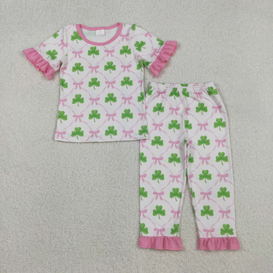 Baby Girl Short Sleeves St Patrick Pink Bows Shirt Pants Pajamas Clothes Set RTS
