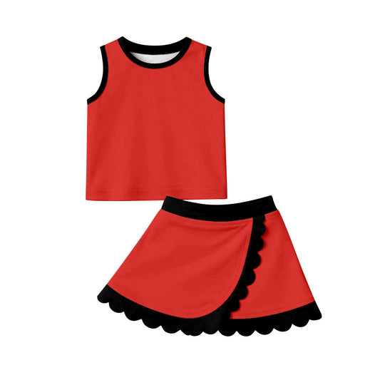 ( Moq 5 ) Preorder Baby Girls Kids Red Shirt Scallop Skirt Shorts Yoga Active Set Clothes