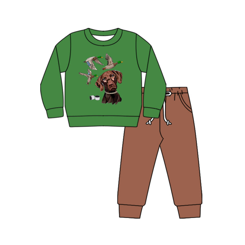 Baby Boy Green Long Sleeves Dog Ducks Shirt Brown Pants Hunting Outfit Moq 5