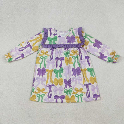 Sibling Girls Kids Colorful Bows Purple Ruffle  Mardi Gras Jumpsuit Dress Set RTS