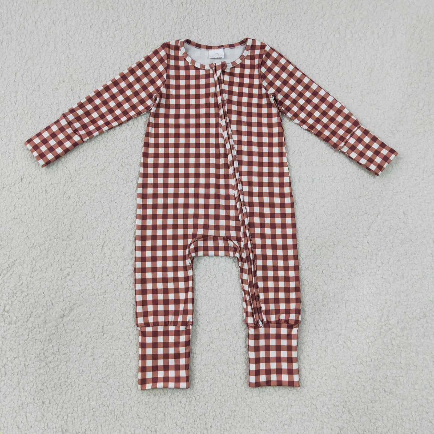 Baby Boys Kids Long Sleeves Brown Plaid Zipper Footie Sleeper Romper Clothes RTS