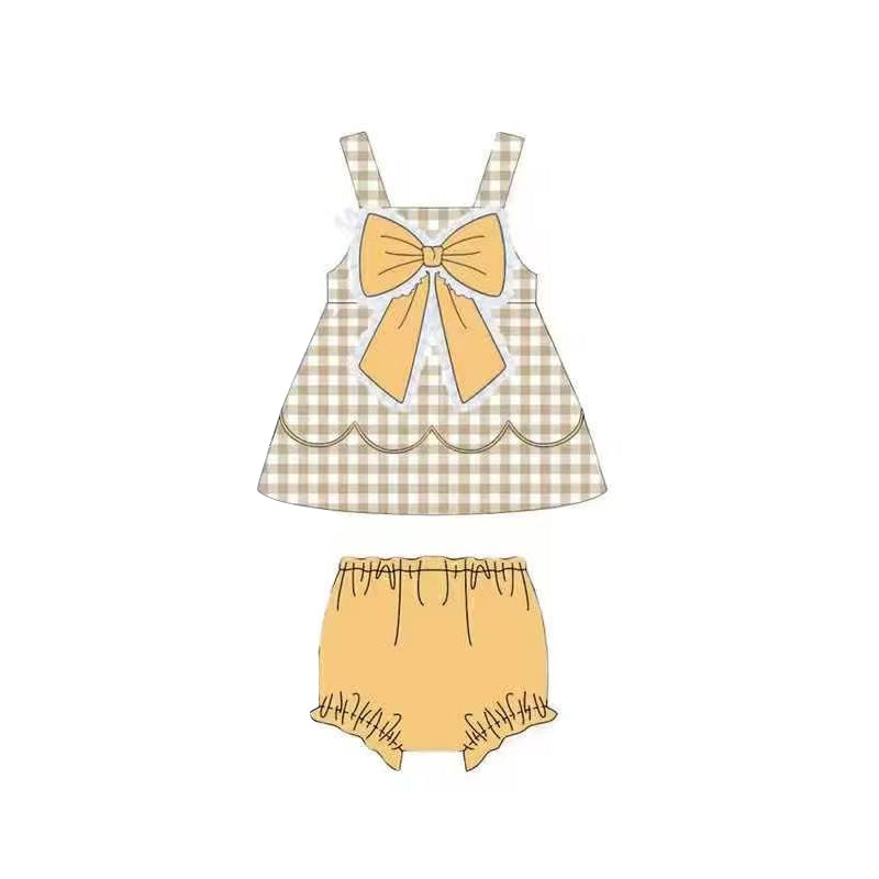 ( Moq 5 ) Preorder Baby Girls Kids Sleeveless Plaid Bow Tops Orange Bummie Set Summer Clothes