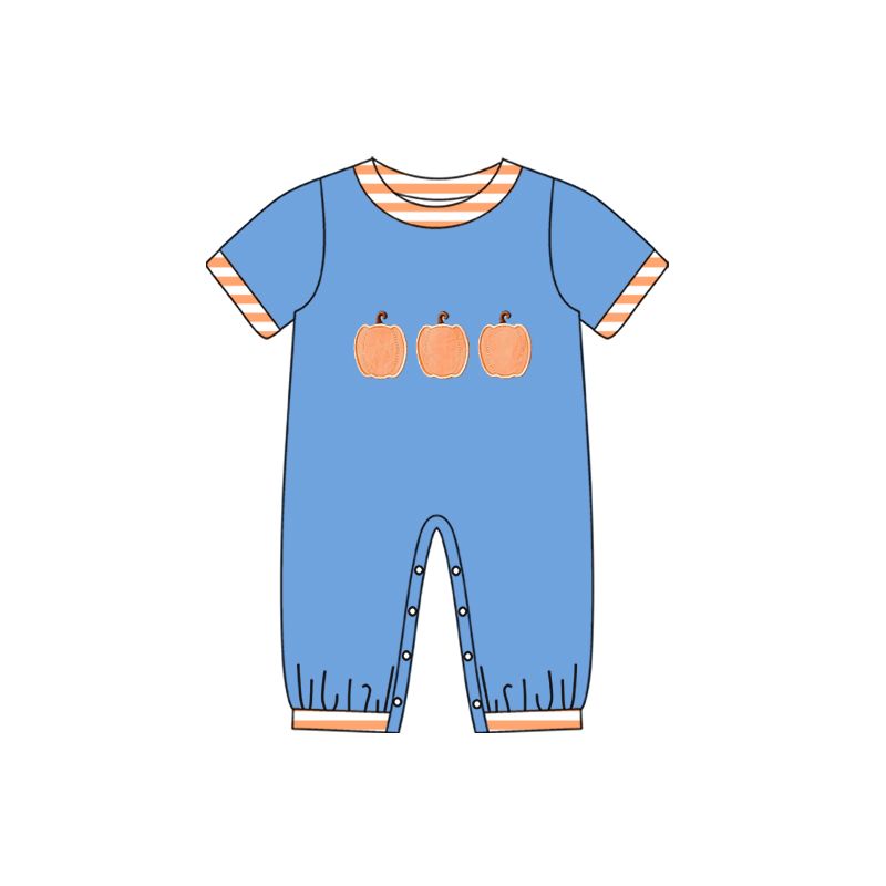 ( Moq 5 ) Preorder Baby Boy Kids Short Sleeves Pumpkins Blue Romper Fall Clothes