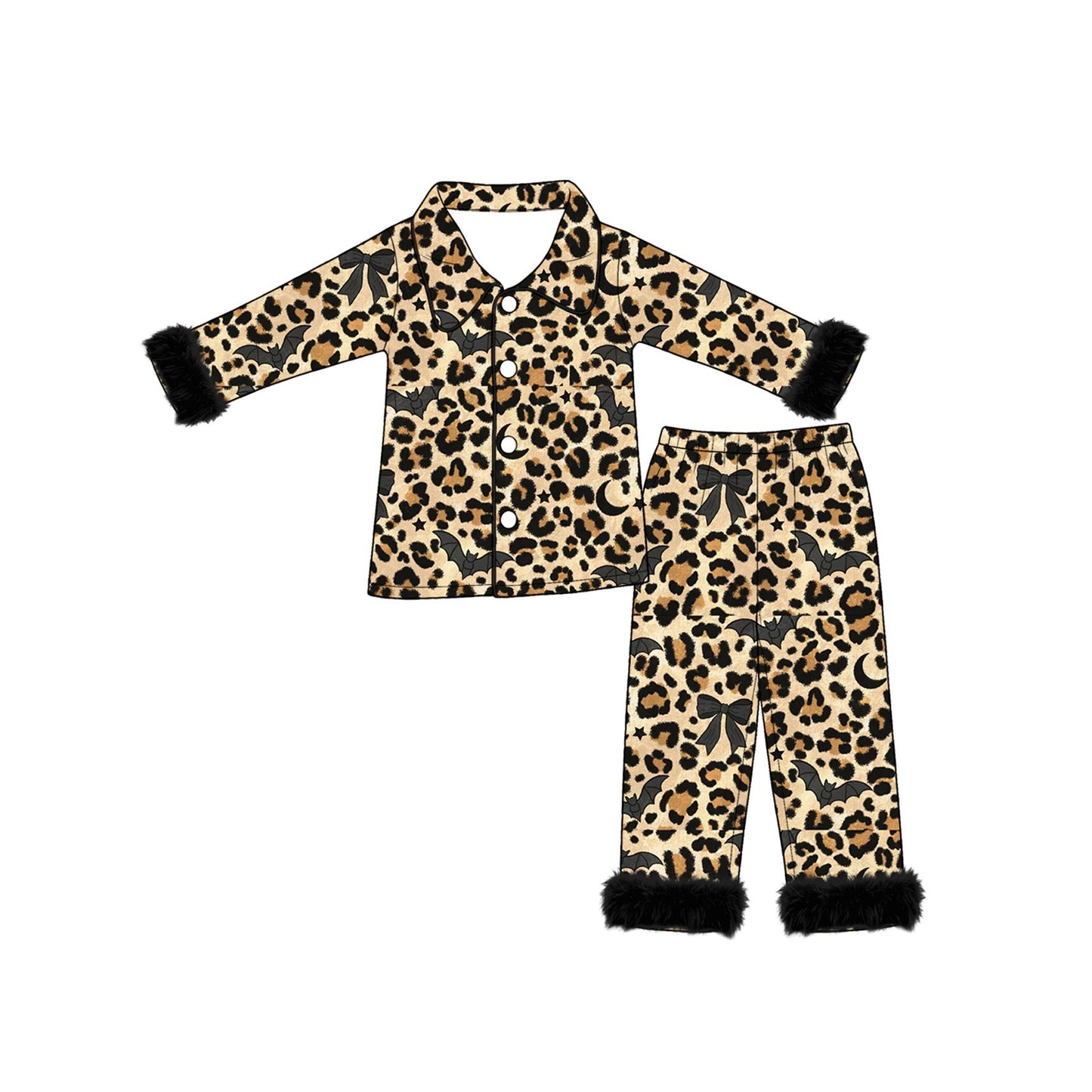 ( Moq 5 ) Preorder Baby Girls Kids Bats Leopard Bows Buttons Shirt Black Fur Pants Halloween Pajamas Set Clothes