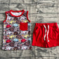 Preorder Baby Boy Sleeveless Cartoon Hats Shirt Red Pockets Shorts Set ( No moq )