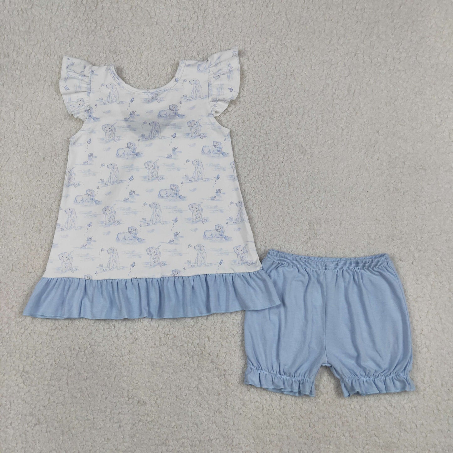 Baby Girls Kids Sleeveless Dogs Tops Blue Shorts Clothes Set RTS