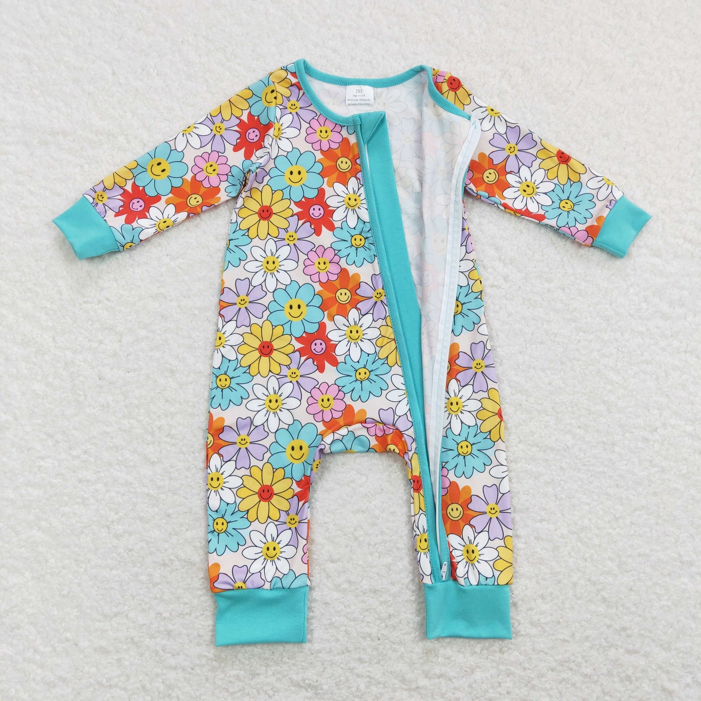 LR0899 Baby Girl Long Sleeves Smile Floral Zipper One Piece Romper