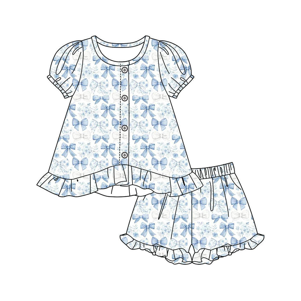 ( Moq 5 ) Preorder Baby Girls Kids Short Sleeves Blue Bows Flower Tops Ruffle Shorts Set Clothes