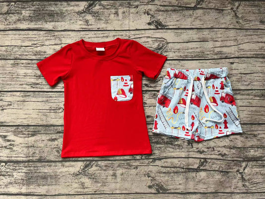 No moq Pre-order Baby Boy Short Sleeves Red Shirt Fire Truck Shorts Summer Set