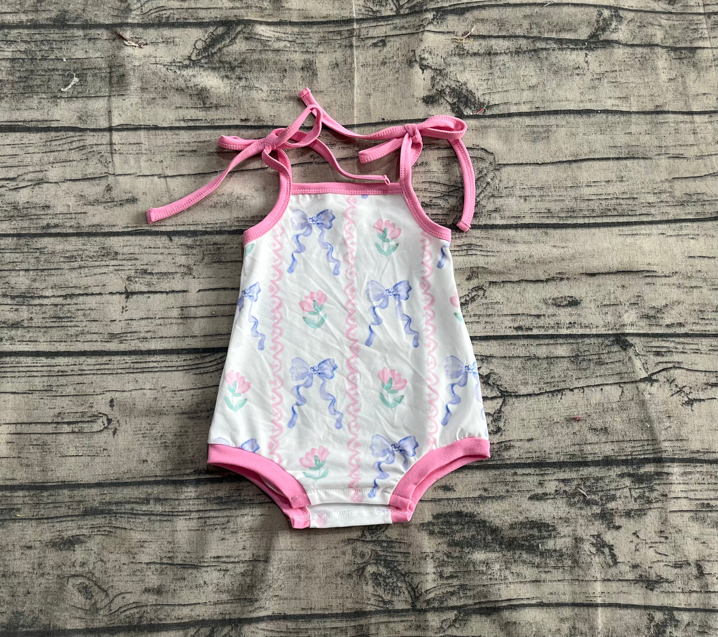 Baby Girl Infant Straps Blue Bows Flower Bubble Romper RTS