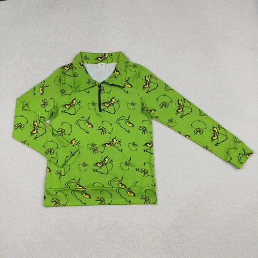 Adult Women Long Sleeves Green Face Zipper Pocket Pullover Christmas Shirt RTS