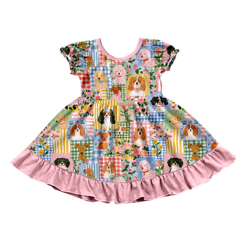 ( Moq 5 ) Preorder Baby Girls Kids Short Sleeves Dogs Flower Plaid Ruffle Dress Clothes