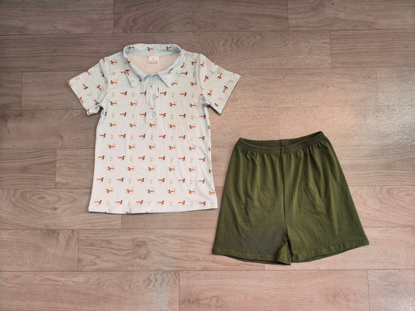 ( No moq ) Preorder Baby Boys Kids Short Sleeves Ducks Shirt Green Shorts Summer Set