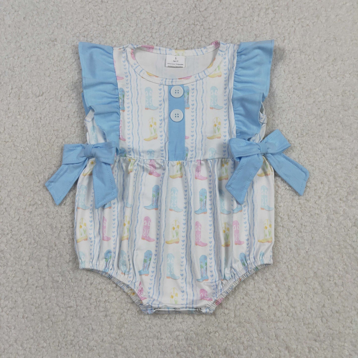 Baby Girls Infant Western Boots Bows Ruffle Bubble Romper RTS