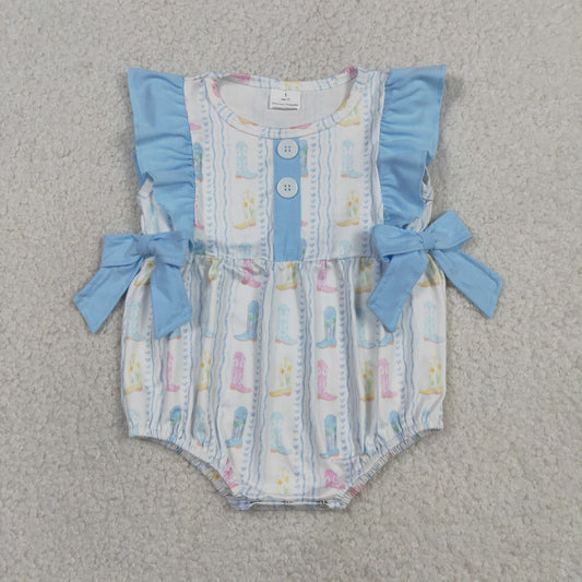 Baby Girls Infant Western Boots Bows Ruffle Bubble Romper RTS