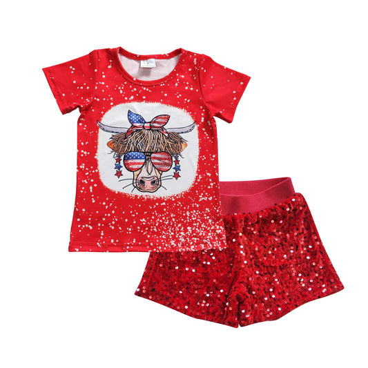 Western Baby Girl Kids July 4th Short Sleeves Cow Shirt Red Glitter Sequins With Lining Shorts Outfit